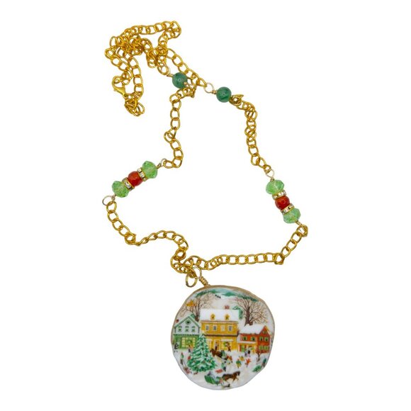 1989 Avon Country Christmas Broken China Necklace w Agate & Amber Stones Artisan - Picture 6 of 11